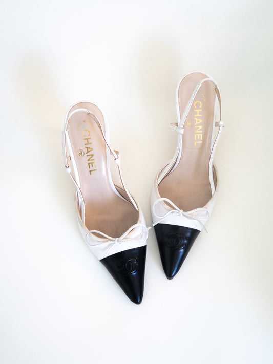 CHANEL Iconic "CC" Bow White Slingback Heels (EU 36)