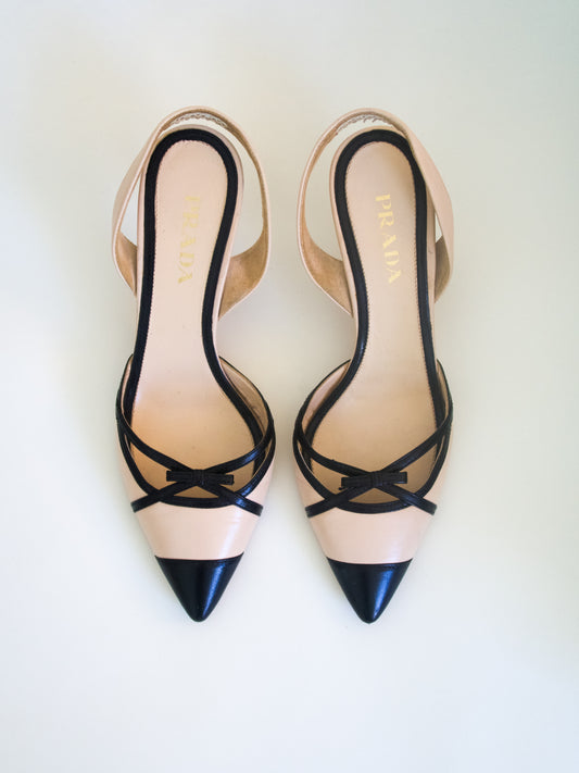 Prada Nude Leather Slingback Heels with Black Bow Detailing (EU 38)