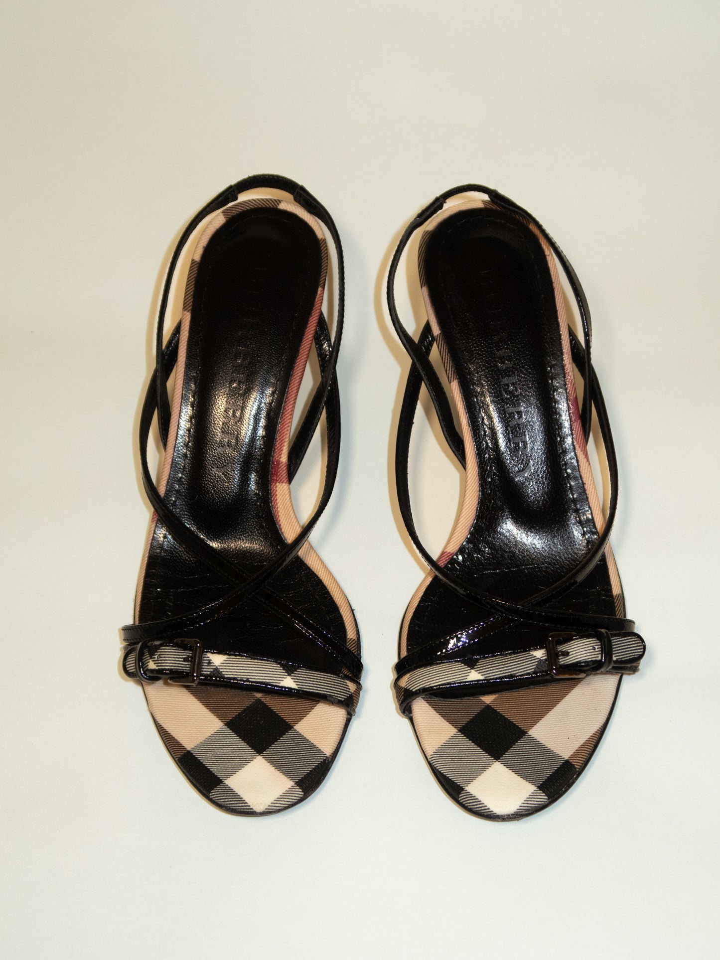 BURBERRY Patent Leather Plaid Print Slingback Sandals (EU37.5)