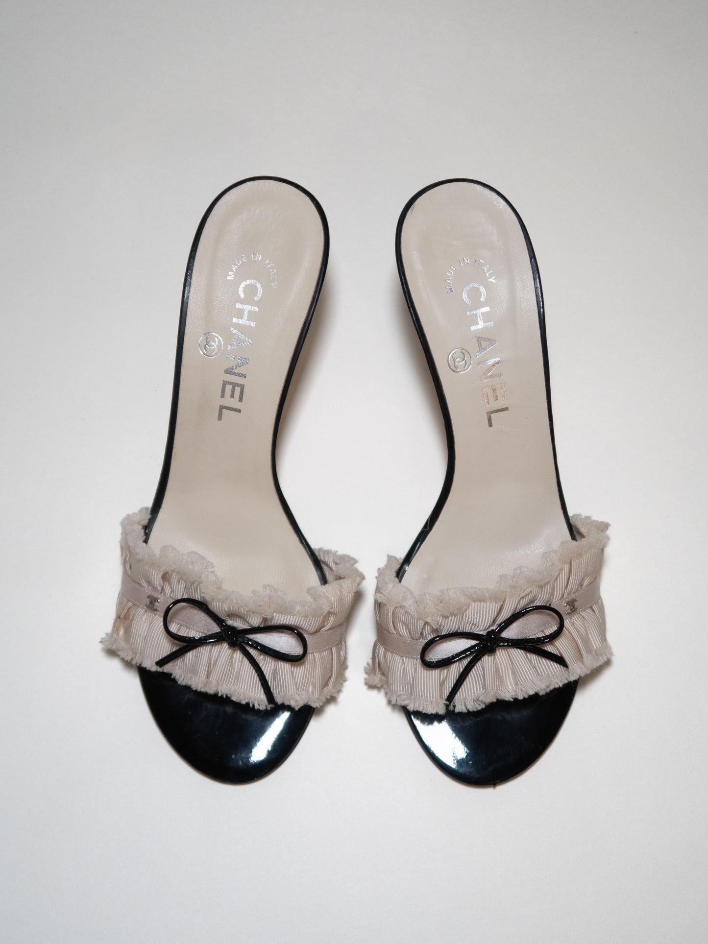 CHANEL Iconic "CC" Cream Ruffled Bow Sandal Heels