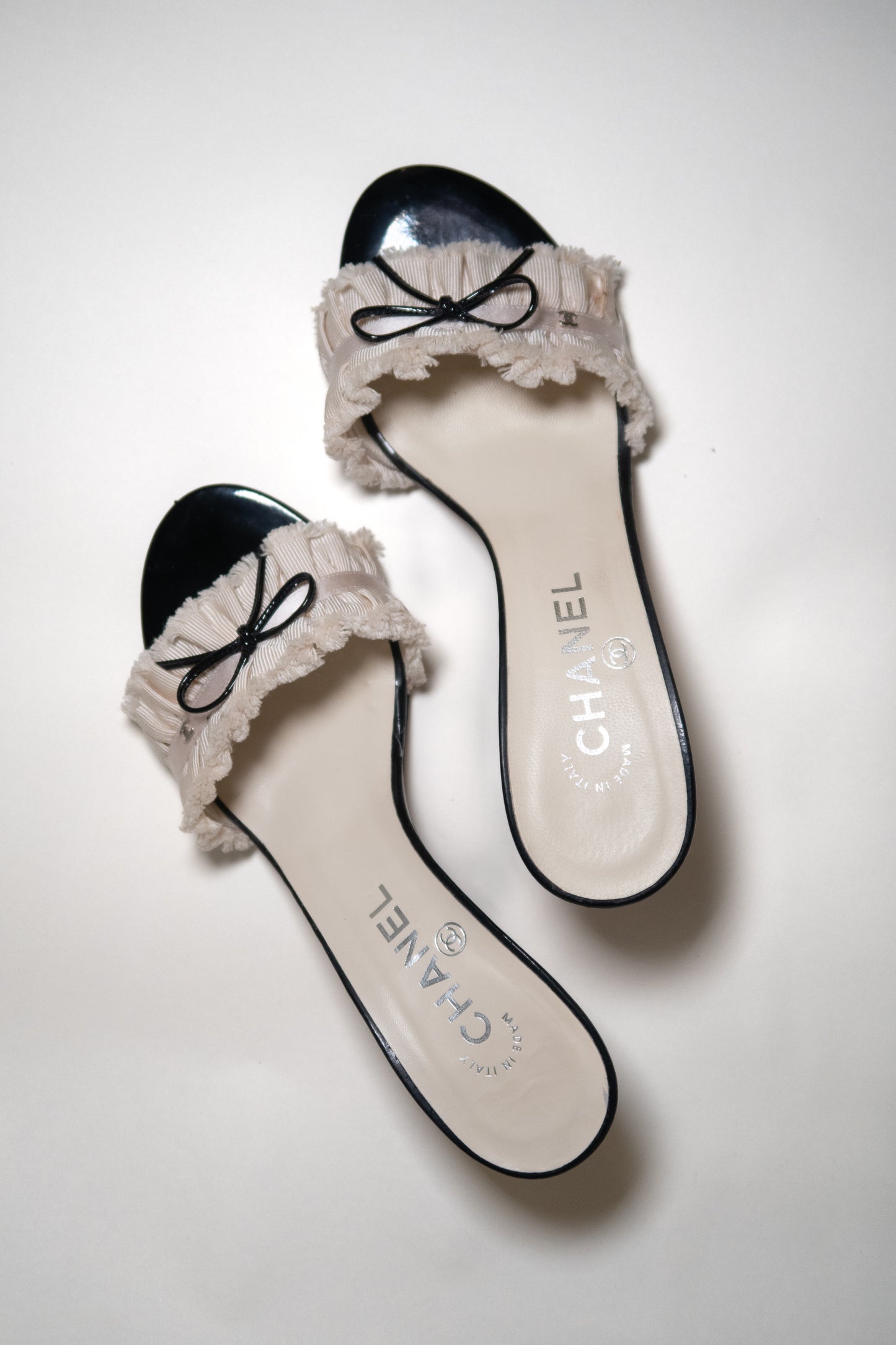 CHANEL Iconic "CC" Cream Ruffled Bow Sandal Heels