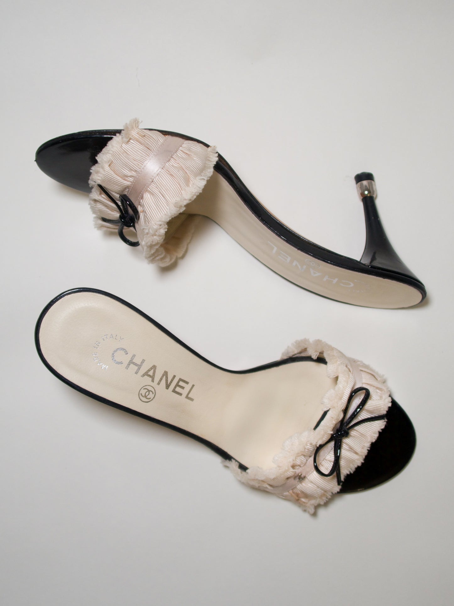 CHANEL Iconic "CC" Cream Ruffled Bow Sandal Heels