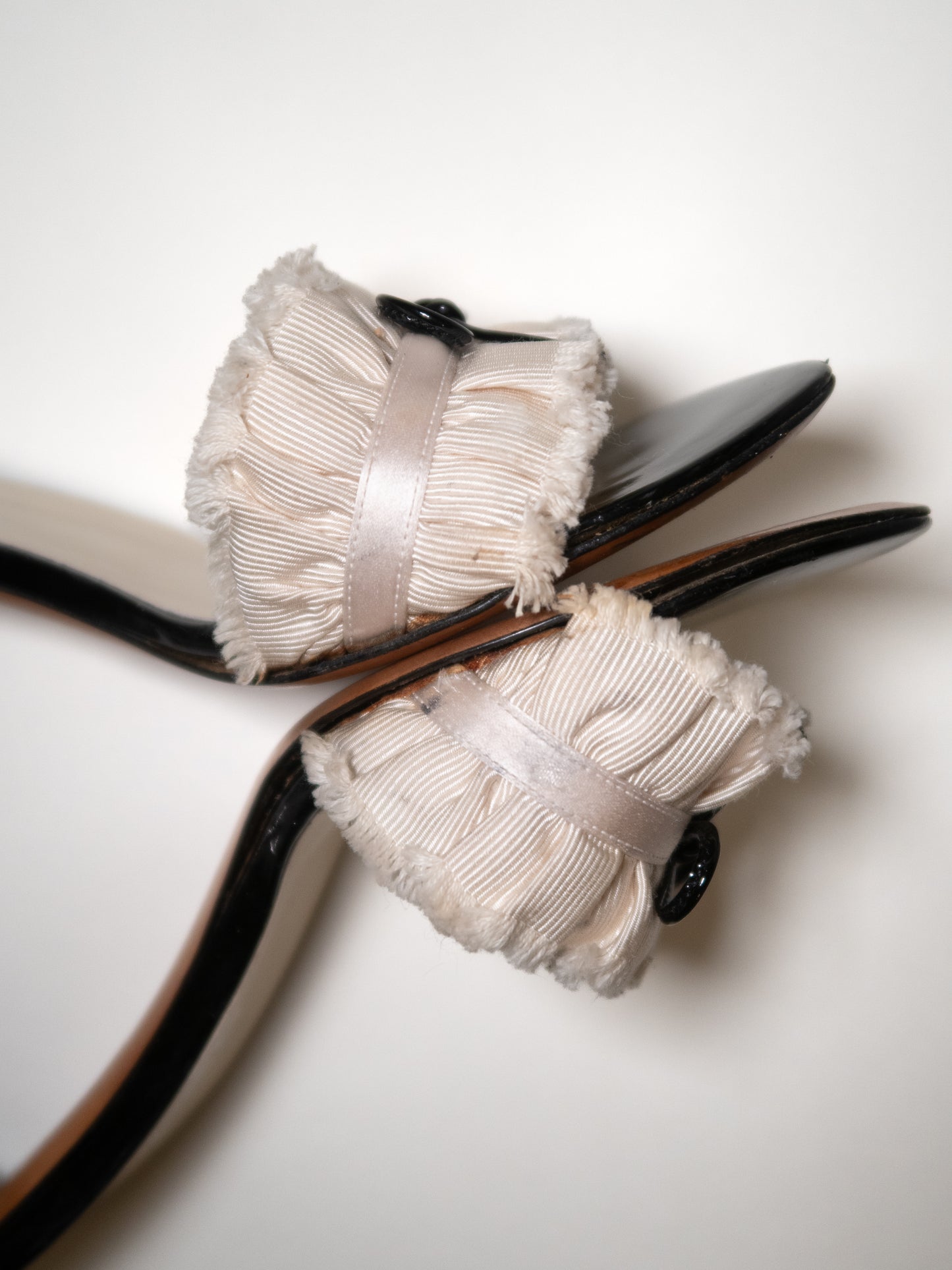 CHANEL Iconic "CC" Cream Ruffled Bow Sandal Heels