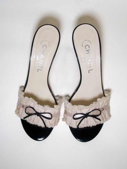 CHANEL Iconic "CC" Cream Ruffled Bow Sandal Heels