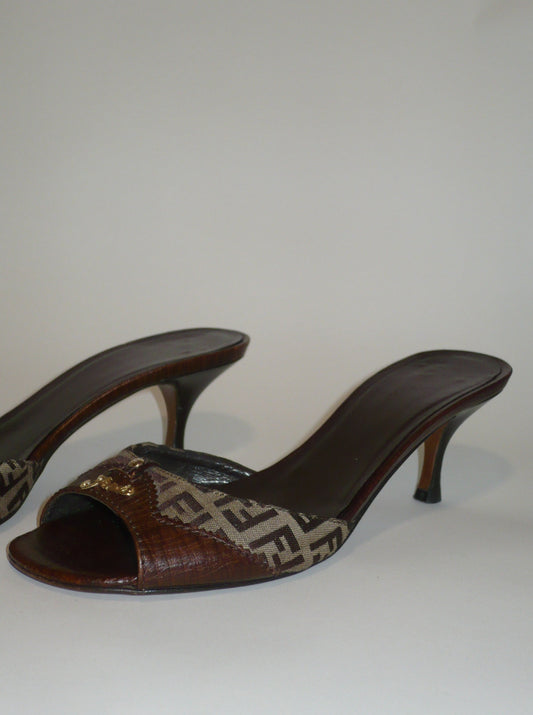 FENDI Brown Leather & Cloth Mule with Gold Detailing (EU 37)