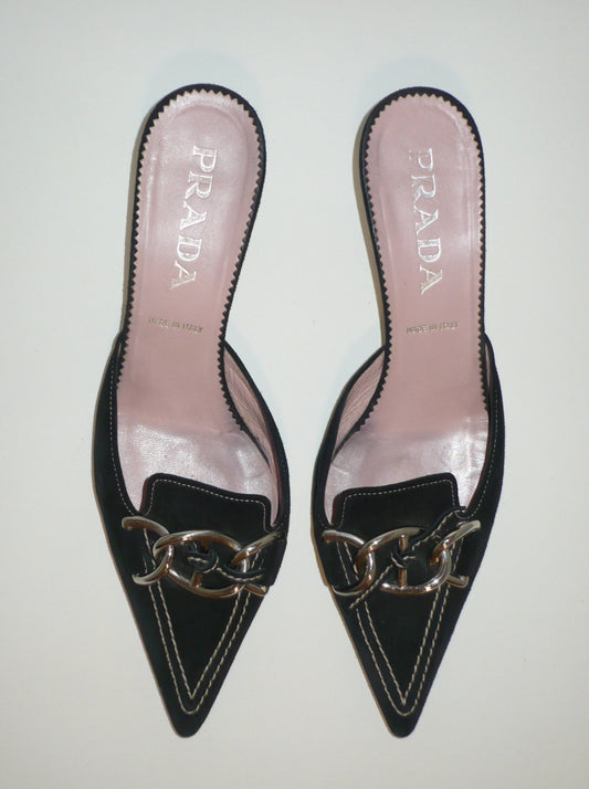 PRADA Black Suede Kitten Mule with Chain (EU 37.5)